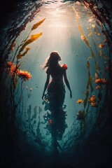 Fototapeta premium woman under waterfull body back view silhouette flowers Generative AI