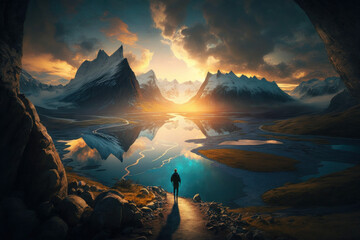 Photorealistic ai artwork of a sunset in the mountains. Generative ai.