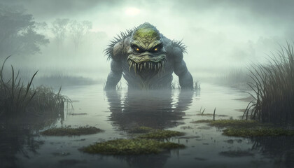 Photorealistic ai artwork of a swamp monster or bunyip. Illustration. Generative ai. - obrazy, fototapety, plakaty