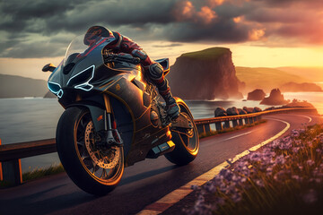 Photorealistic ai artwork of a red Italian sports motorcycle riding along a coast road at sunset. Generative ai.