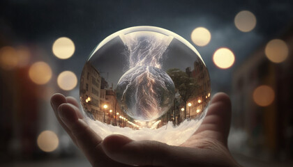 Photorealistic ai artwork of a glass globe or sphere with a stormy environment and lightning glowing inside. Generative ai.