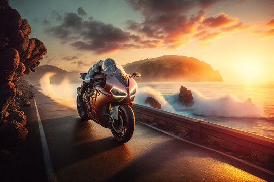 Photorealistic ai artwork of a red Italian sports motorcycle riding along a coast road at sunset. Generative ai.