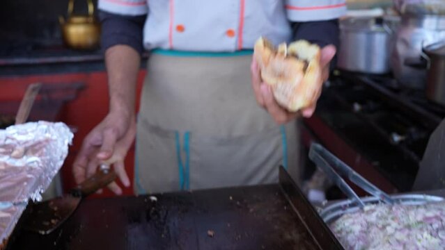 Street food sandwich cooking on stove ready