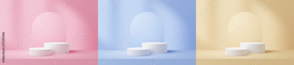 Poster set of pastel 3d mockup scene with natural lighting through window on background. 3d pedestal podium