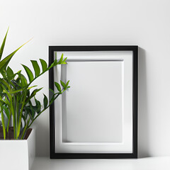 Blank picture frame mockup on wall in modern interior. Artwork template mock up in interior design. View of modern boho style interior with plant in trendy vase ai generative
