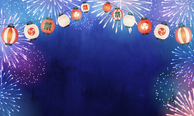 花火と提灯の夏祭りイメージのベクターイラスト背景