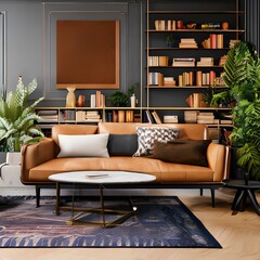 1. A living room with an eclectic mix of furniture and decor, including a Mid-century modern sofa, a cowhide rug, and a potted plant.3, Generative AI