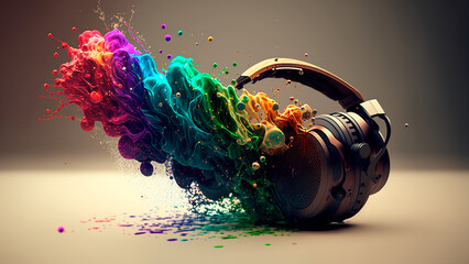 Fototapeta premium rgb headphones, particles, wood, vfx effects