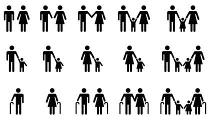 Collection of family silhouettes. Set of silhouettes of people. Set of people icons in black and white – man, woman and child.