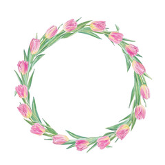 Watercolor pink tulip wreath, floral round frame