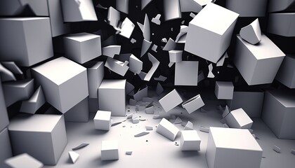 Geometric chaos in shifting white cubes, evoking abstract and futuristic chaos.