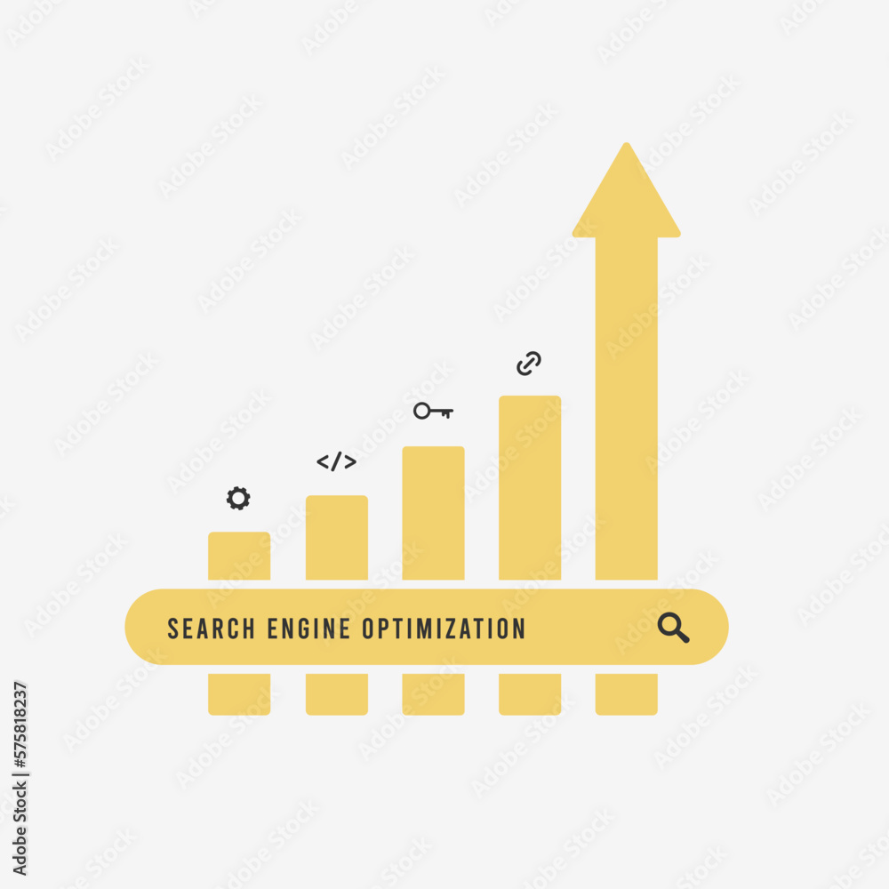 Poster seo optimization concept. search bar with search engine optimization query, graph with icons of seo 