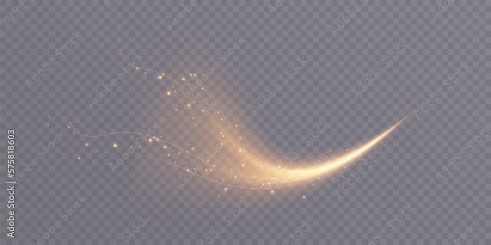 Poster a golden comet with lots of shimmering light effects of sparkling dust. magical golden wind for web 