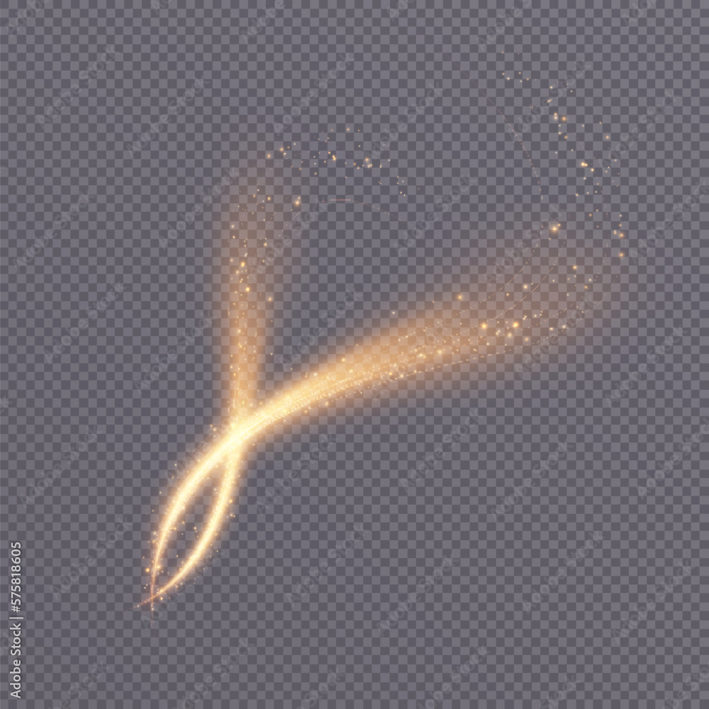 Poster a golden comet with lots of shimmering light effects of sparkling dust. magical golden wind for web 