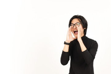 Announcement with hands over mouth Of Handsome Asian Man Isolated On White Background