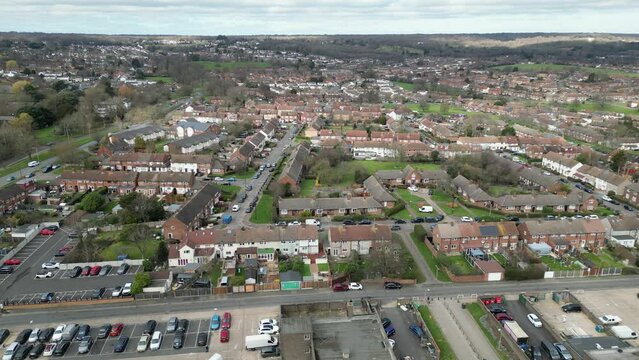 Debden housing estate Essex UK  panning drone aerial view