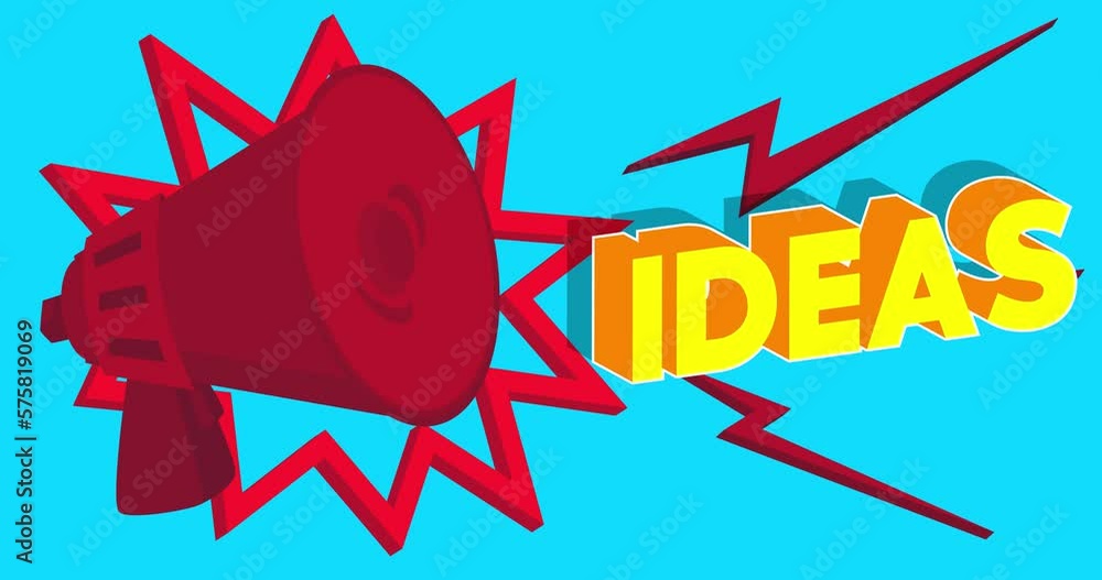 Poster dancing red megaphone with ideas text on blue background. 4k resolution animation with funny element