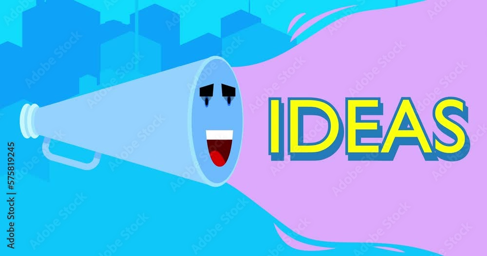 Poster smiling blue megaphone with ideas text in the city. 4k resolution animation with funny elements.