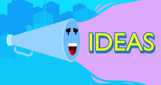 Smiling Blue Megaphone with Ideas text in the city. 4K Resolution Animation with funny elements.