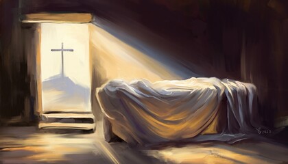 Easter Jesus Christ rose from the dead. Sunday morning. Dawn. The empty tomb in the background of the crucifixion. Happy easter. Christian symbol of faith, art illustration painted oil style