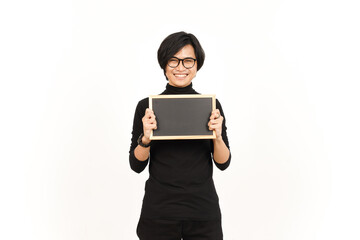 Showing, Presenting and holding Blank Blackboard Of Handsome Asian Man Isolated On White Background