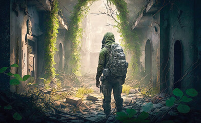 Stalker got lost in an abandoned city. Realistic digital illustration. Fantastic Background. Concept Art. CG Artwork.