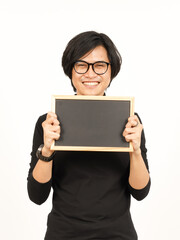 Fototapeta premium Showing, Presenting and holding Blank Blackboard Of Handsome Asian Man Isolated On White Background