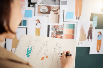Fashion designer, planning and creative woman sketch, color palette and illustration inspiration...