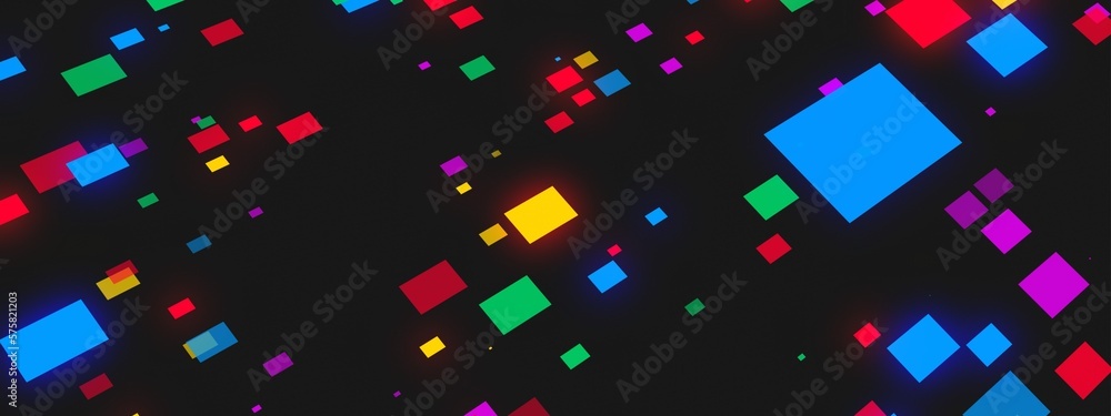 Poster abstract neon background. rainbow texture of random squares, particles, rhombuses. outer space. bann