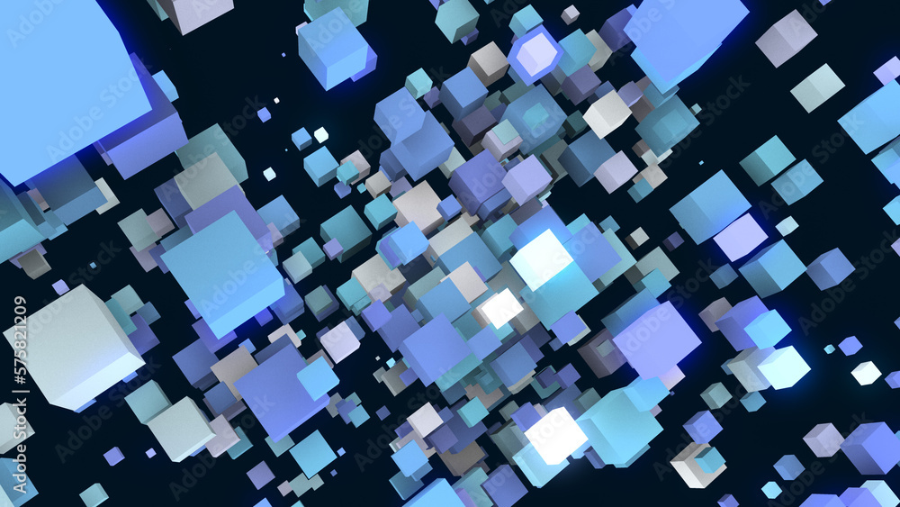 Poster abstract blue background of cubes. the texture of random squares, particles, rhombuses. outer space.