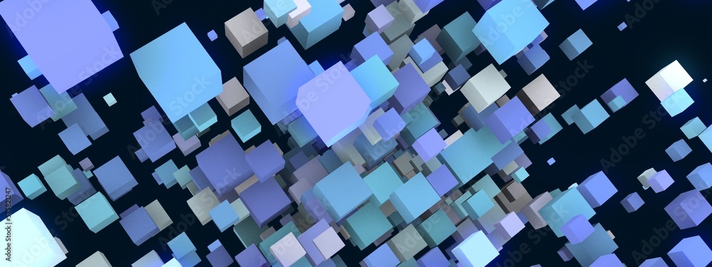 Poster abstract blue background of cubes. the texture of random squares, particles, rhombuses. outer space.