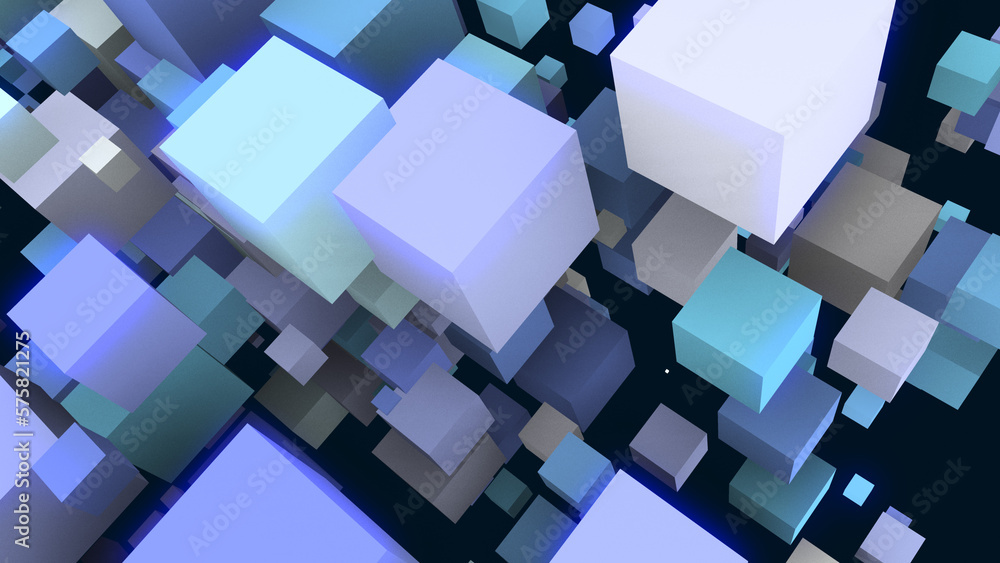 Poster abstract blue background of cubes. the texture of random squares, particles, rhombuses. outer space.