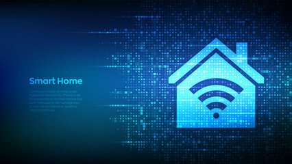 Smart home icon made with binary code. Automation control system concept. Smart home automation assistant. Binary data streaming digital code. Matrix background with digits 1.0. Vector illustration.
