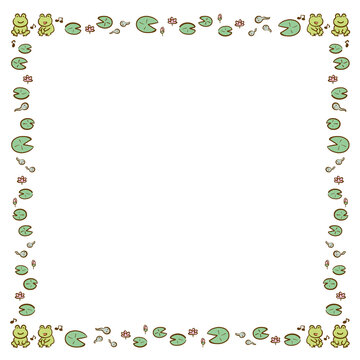 蛙と蓮の葉のフレーム　カラー　正方形
