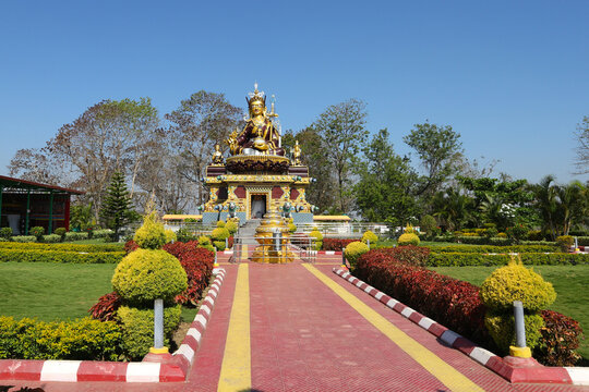Guru Rinpoche statue in the Tibetan colony near Mundgod, Karnataka, India on February 20, 2023.