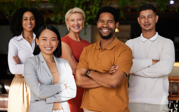 Portrait, smile and group of business people with arms crossed for career pride. Teamwork diversity, collaboration and happy, confident and proud employees, men and women together for team building.