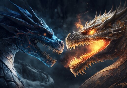 Closeup of an Ice Dragon Fighting a Fire Dragon Generative AI