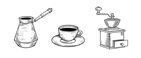 Coffee grinder, Turkish coffee and mug. Hand drawn sketch engraving style.