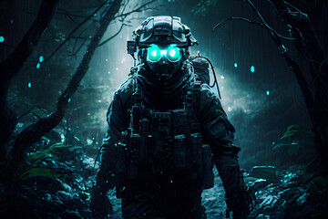 Blue night vision goggles on special forces soldier, generative art