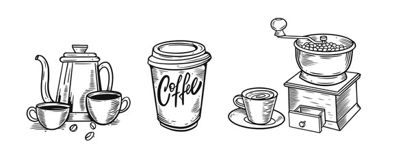 Coffee in paper cup, grinder and coffee pot. Black and white vector illustration.