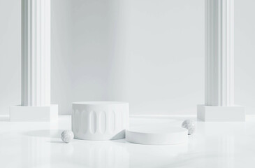 Stand Minimal mockup for presentation.Abstract white background concept and white stone texture.Geometric platform show cosmetic product.3D display podium on white background.Stage showcase.3D render