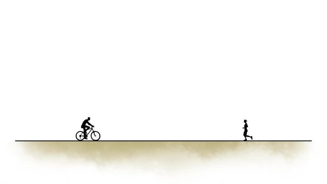 elevation silhouette people run and ride a bike on white background. silhouette black people communicate white screen. design for animation, people ran, isolate, person, human, silhouette body.