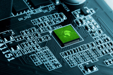 Concept of green technology. green world icon on circuit board technology innovations. Environment Technology Computer Chip.Green Computing, Green Technology, Green IT, CSR, and IT ethics