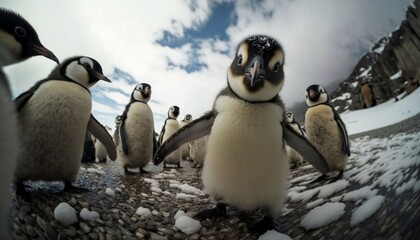 Obraz premium A Group of Baby Penguins as if Seen Through a Camera Lens Generative AI