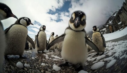 A Group of Baby Penguins as if Seen Through a Camera Lens Generative AI