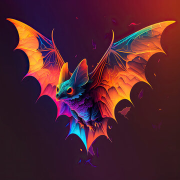 Bat portraits in neon colors. Generative AI.