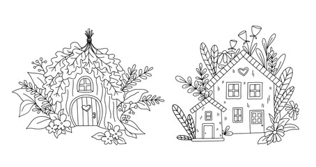 Hand drawn cute vector house in forest. Little rural dwarf home isolated on white. Outline childish illustration for coloring book