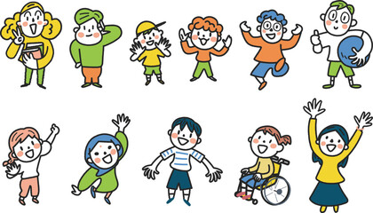 元気な笑顔の多様で多国籍の子どもたち　セット　イラスト素材	
