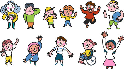 元気な笑顔の多様で多国籍の子どもたち　セット　イラスト素材	
