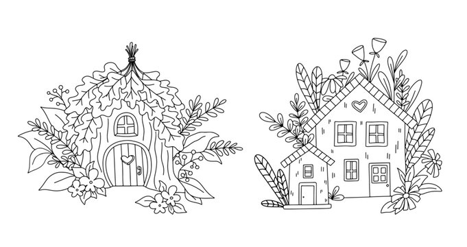 Hand drawn cute vector house in forest. Little rural dwarf home isolated on white. Outline childish illustration for coloring book